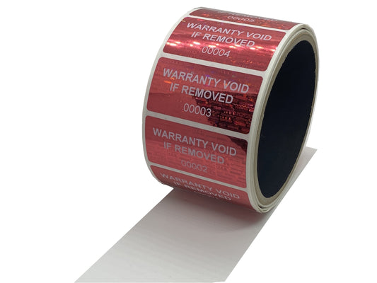 10,000 Red Tamper Evident Holographic Security Label Seal Sticker TamperMax®, Rectangle 2" x 1" (51mm x 25mm). Printed: Warranty Void if Removed + Serialization