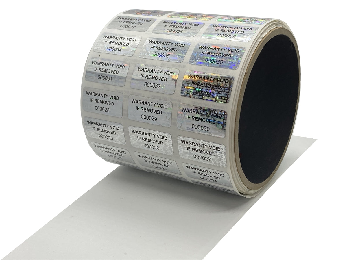 250 Silver Tamper Evident Holographic Silver Bright Security Label Seal Sticker TamperMax®, Rectangle 1" x 0.5" (25mm x 13mm). Printed: Warranty Void if Removed + Serialization