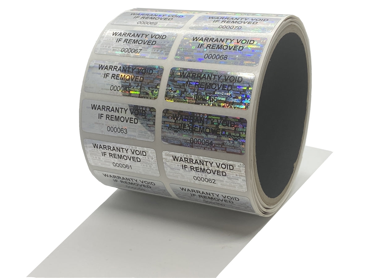 10,000 Silver Tamper Evident Holographic Silver Bright Security Label Seal Sticker TamperMax®, Rectangle 1.5" x 0.6" (38mm x 15mm). Printed: Warranty Void if Removed + Serialization