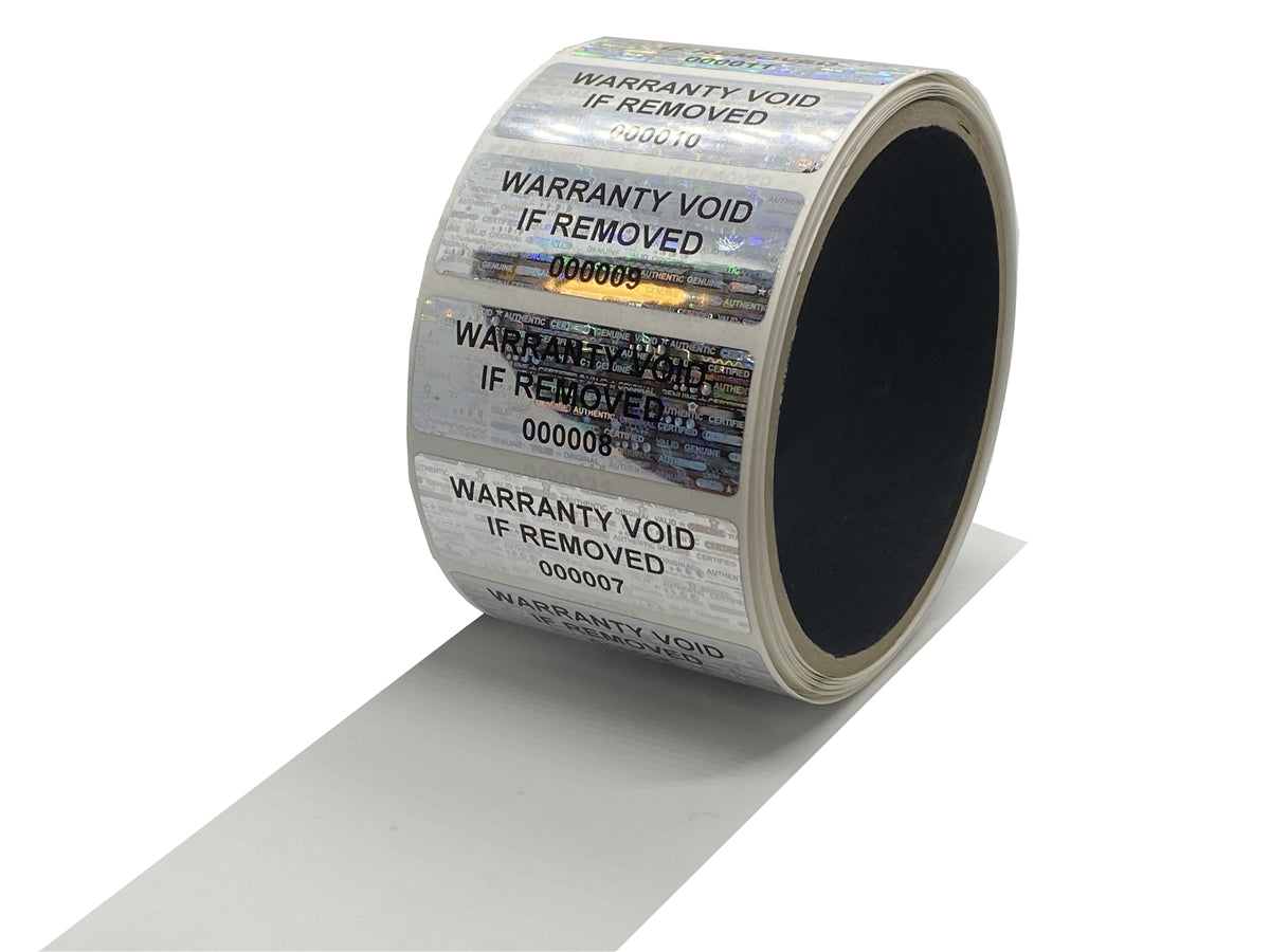 10,000 Silver Tamper Evident Holographic Security Label Seal Sticker TamperMax®, Rectangle 2" x 0.75" (51mm x 19mm). Printed: Warranty Void if Removed + Serialization