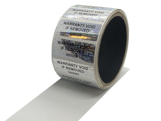 1,000 Silver Tamper Evident Holographic Security Label Seal Sticker TamperMax®, Rectangle 2" x 0.75" (51mm x 19mm). Printed: Warranty Void if Removed + Serialization