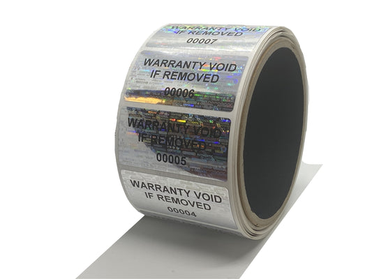 10,000 Silver Tamper Evident Holographic Security Label Seal Sticker TamperMax®, Rectangle 2" x 1" (51mm x 25mm). Printed: Warranty Void if Removed + Serialization