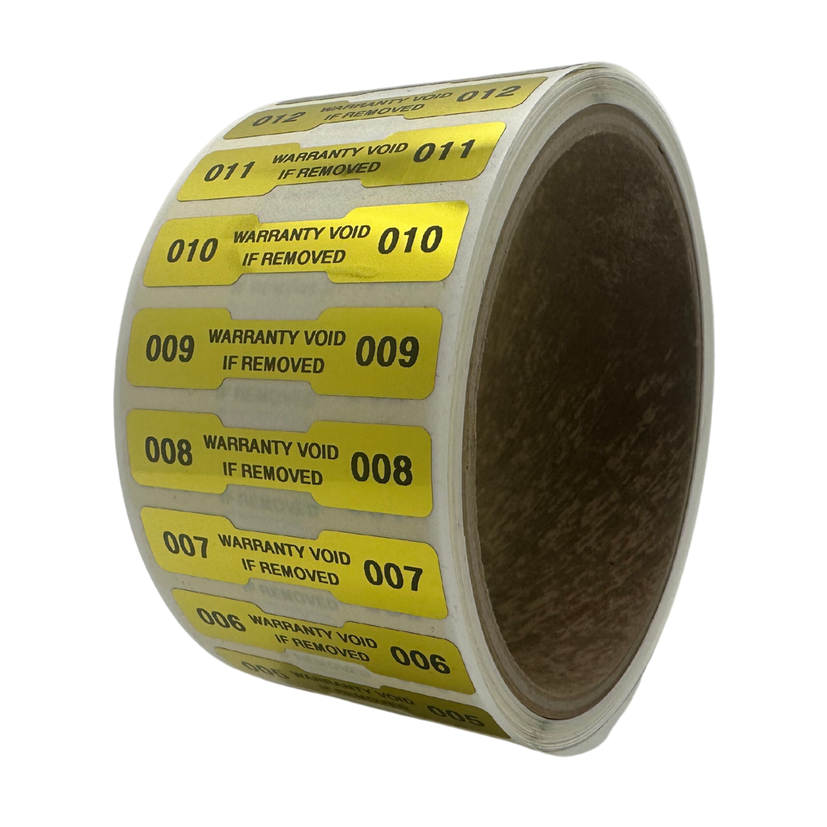 10,000 TamperVoidPro® Gold Tamper Evident Security Labels Seal Sticker, Dogbone Shape Size 1.75" x 0.375 (44mm x 9mm). Printed: Warranty Void if Label Removed + Serialization.