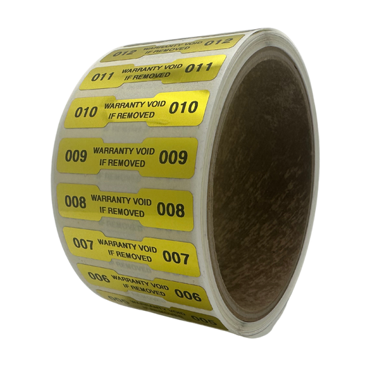 10,000 TamperVoidPro® Gold Tamper Evident Security Labels Seal Sticker, Dogbone Shape Size 1.75" x 0.375 (44mm x 9mm). Printed: Warranty Void if Label Removed + Serialization.