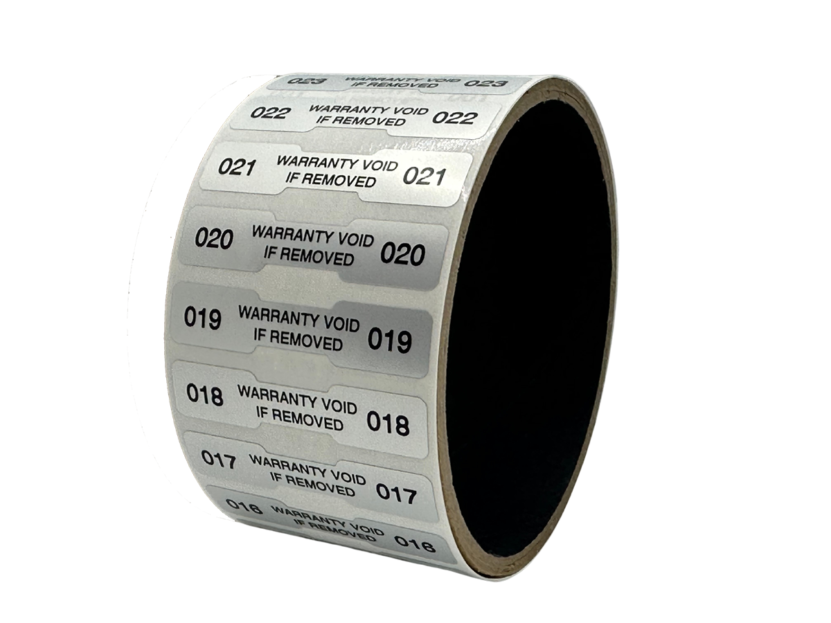 10,000 TamperVoidPro® Tamper Evident Security Labels Seal Sticker, Dogbone Shape Size 1.75" x 0.375 (44mm x 9mm). Printed: Warranty Void if Label Removed + Serialization.