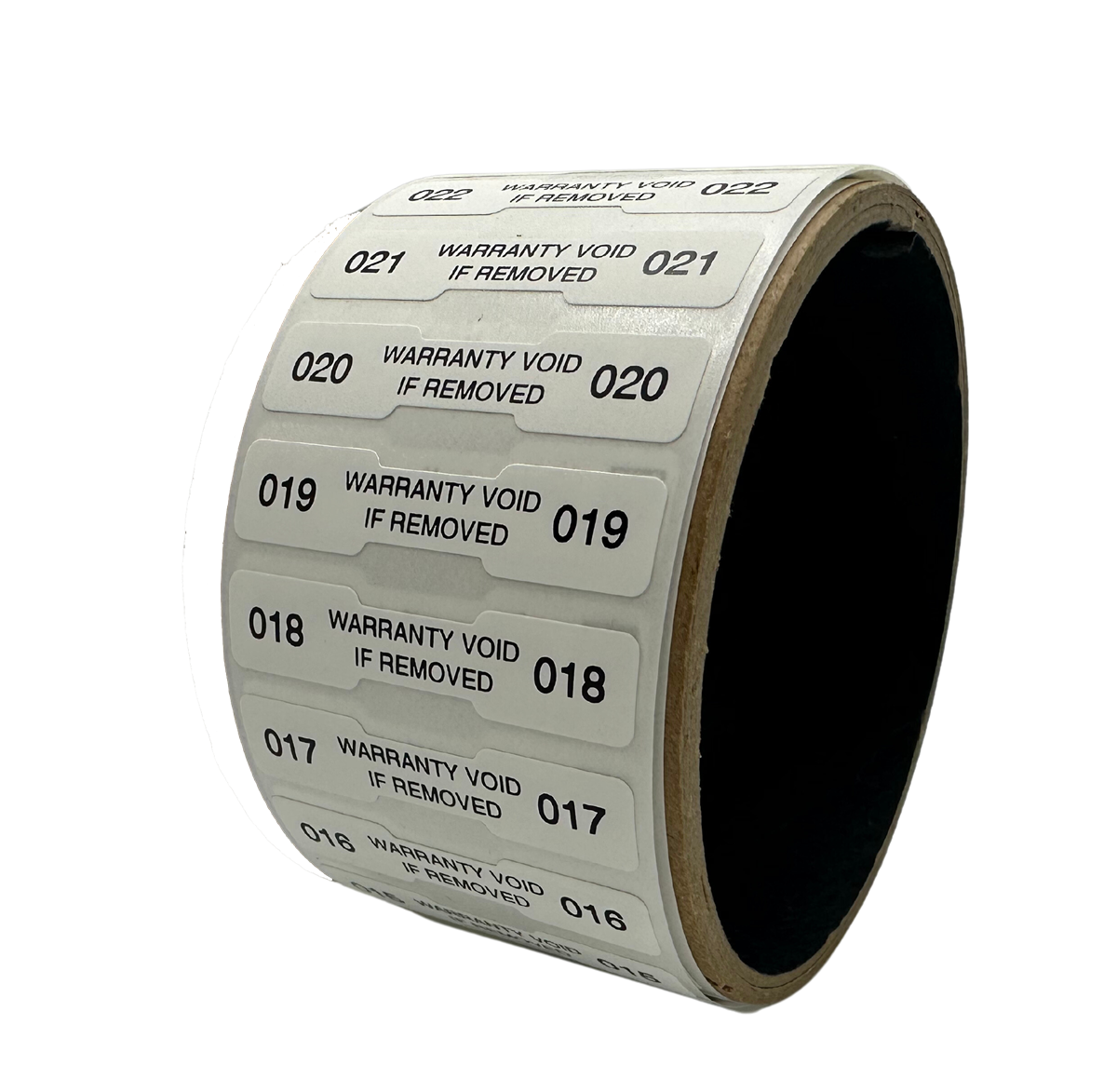 1,000 TamperVoidPro® White Tamper Evident Security Labels Seal Sticker, Dogbone Shape Size 1.75" x 0.375 (44mm x 9mm). Printed: Warranty Void if Label Removed + Serialization.