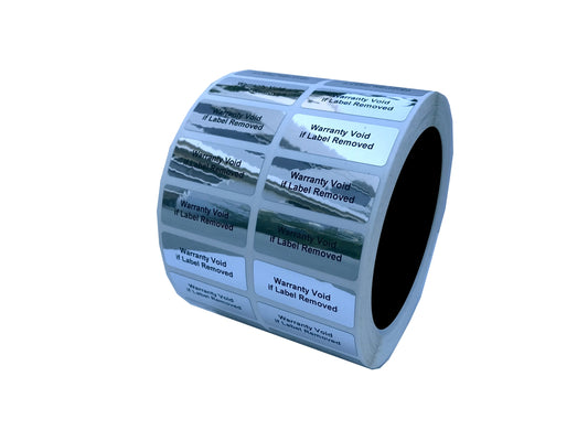 5,000 TamperVoid® Metallic Silver Chrome Tamper Evident Security Labels Seal Sticker, Rectangle 1.5" x 0.6" (38mm x 15mm). Printed: Warranty Void if Label Removed.