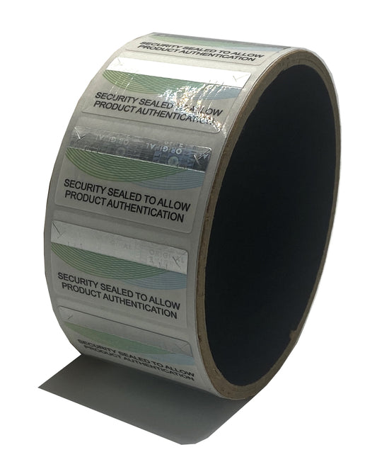 250 Semi Destructible Security Label with Holographic Stripe 1.3" x 0.7" (34mm x 18mm).
