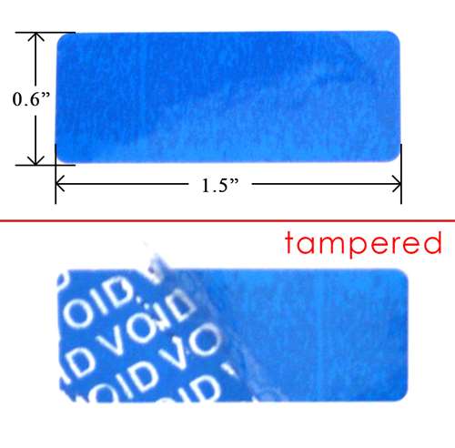 250 Blue Tamper-Evident Security Labels TamperColor® Seal Stickers, Rectangle 1.5" x 0.6" (38mm x 15mm).