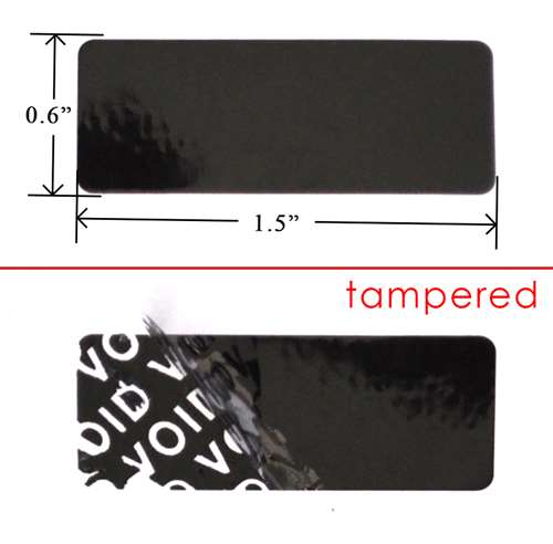 250 Black Tamper-Evident Security Labels TamperColor® Seal Stickers, Rectangle 1.5" x 0.6" (38mm x 15mm).