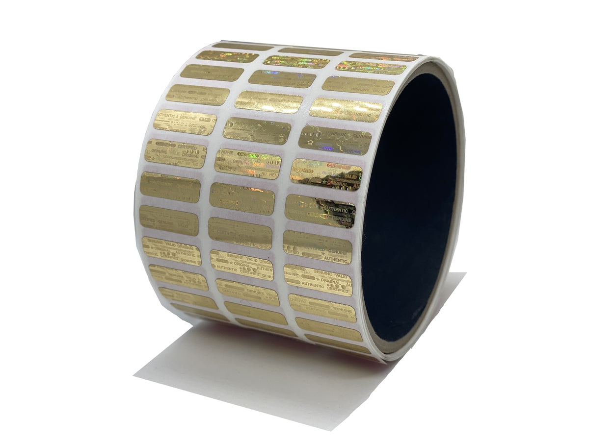 1,000 Gold Tamper Evident Holographic Security Label Seal Sticker, Rectangle 1" x 0.375" (25mm x 9mm).