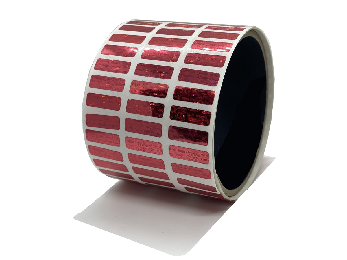 250 Red Tamper Evident Holographic Security Label Seal Sticker, Rectangle 1" x 0.375" (25mm x 9mm).