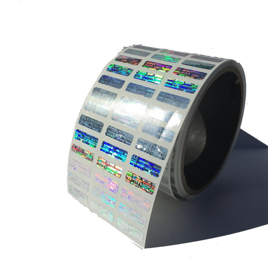 250 Silver Tamper Evident Holographic Security Label Seal Sticker, Rectangle 1" x 0.375" (25mm x 9mm).
